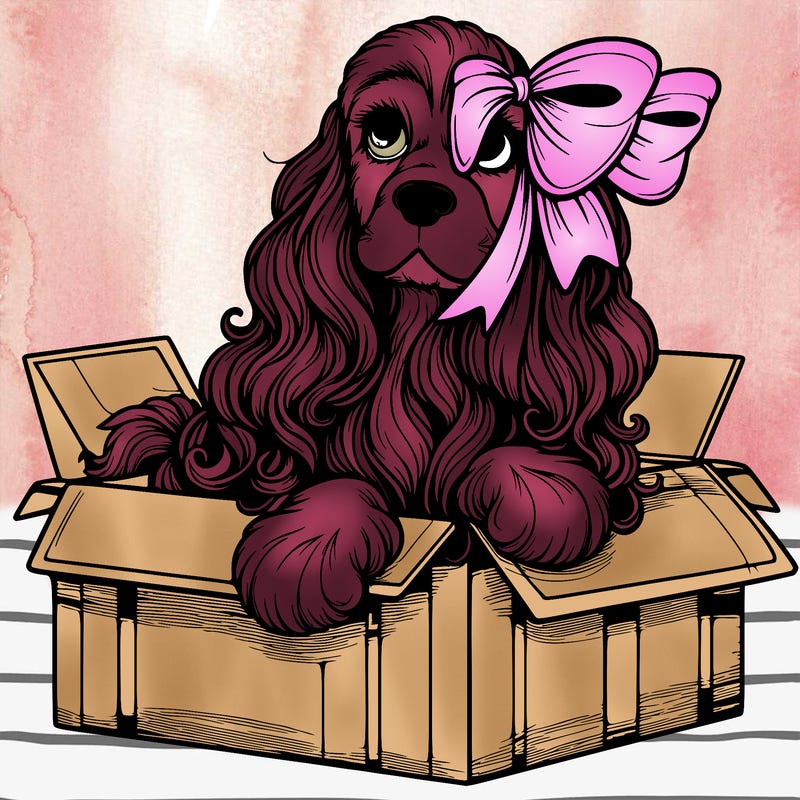 a spaniel american cocker with a beautiful bow coming out if a box realistic cute