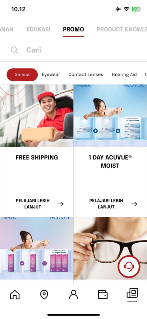 Optik Melawai - Uma captura de tela da página de promoções do aplicativo Optik Melawai com ofertas de frete grátis e lentes de contato.