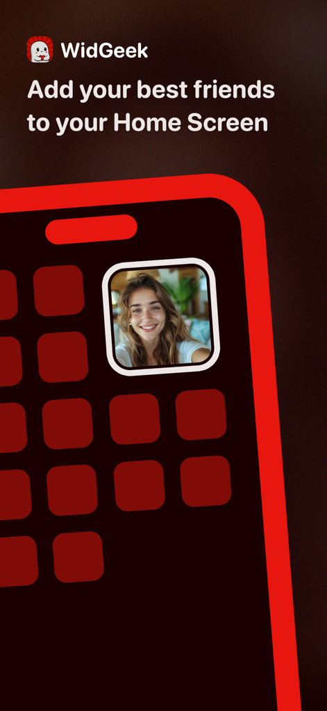 Photo Widget - WidGeek - Interface do aplicativo WidGeek mostrando um widget de foto com um amigo em uma tela inicial do iPhone