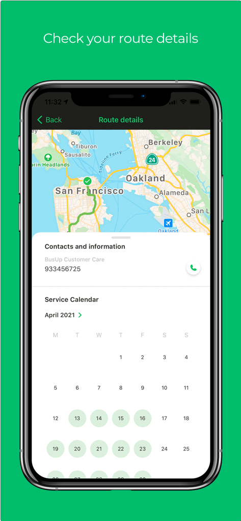 BUSUP - BUSUP app screen showing route details on a map of San Francisco and a service calendar