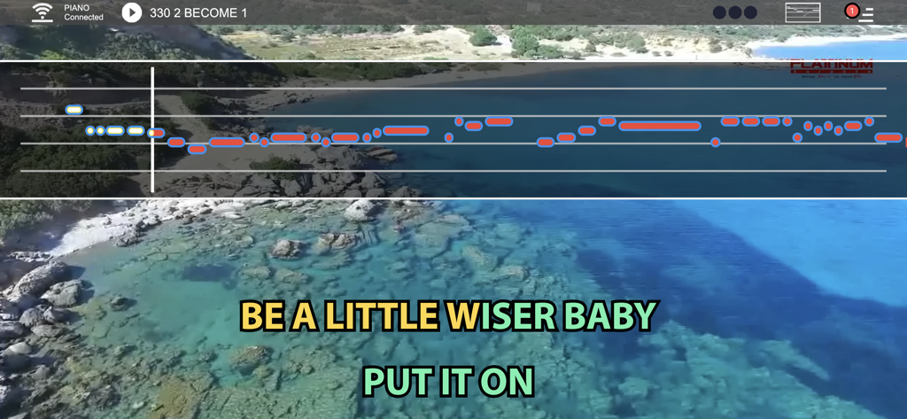 PlatinumLink mobile app displaying synchronized karaoke lyrics and musical pitch guide over a video background