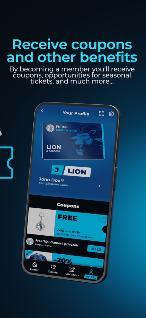 FK TSC - Perfil de usuario de la app FK TSC mostrando tarjeta de membresía digital y cupones para aficionados.