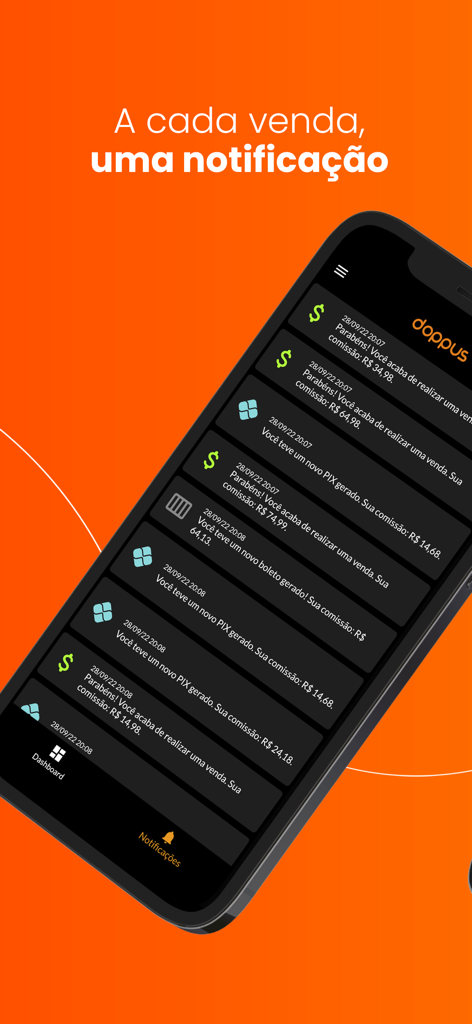 Doppus - Interfaccia dell'app mobile Doppus che mostra un elenco di notifiche di vendita in tempo reale e avvisi di commissione