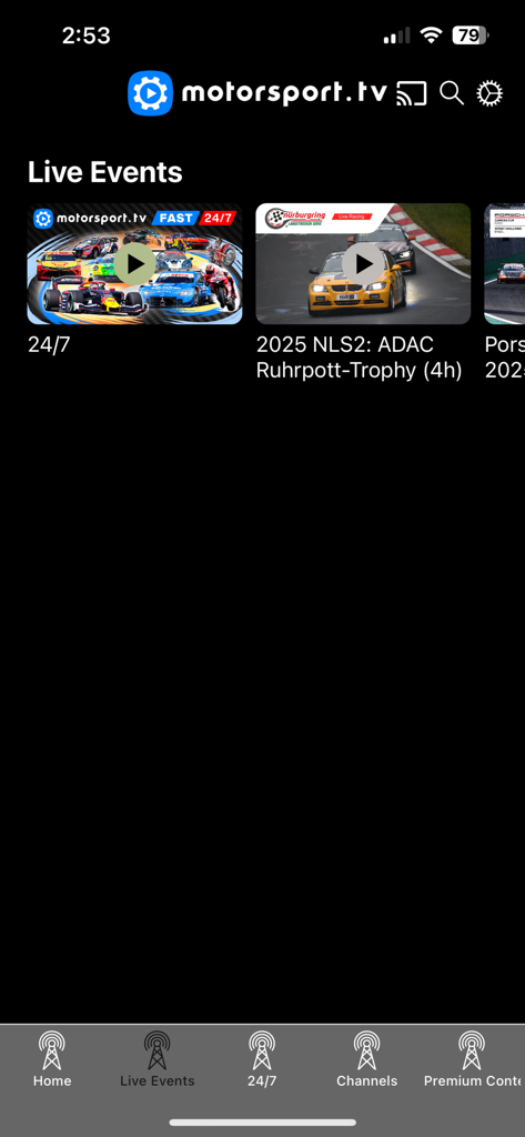 Motorsport.tv mobile app interface showing live racing events and video thumbnails
