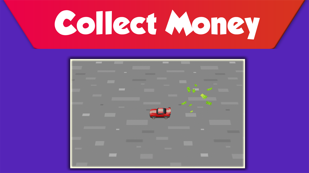 Drift Police Chase: Cop Escape - A red sports car collecting scattered cash in a top-down view from the Drift Police Chase game.