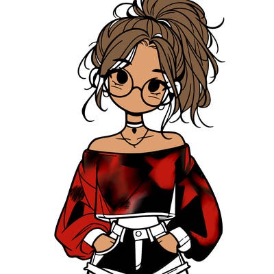 girl with a messy ponytail glasses a baggy crop top and jean shorts