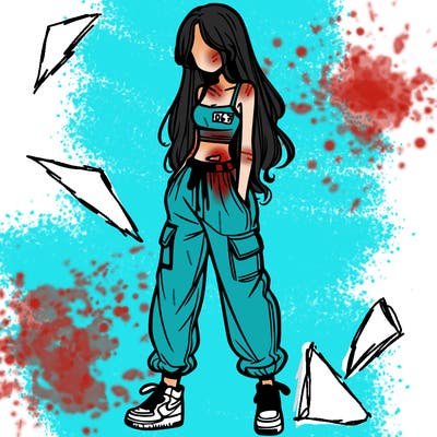 girl in baggy pants crop top and long hair