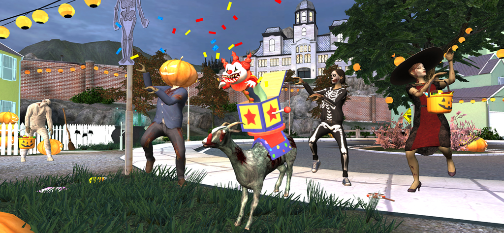 Goat Simulator: Pocket Edition - Goat with a clown jack-in-the-box surrounded by various characters in Halloween costumes