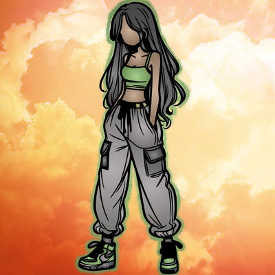 girl in baggy pants crop top and long hair