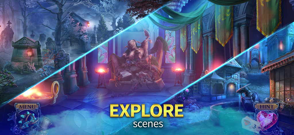 Kiss of the Night: F2P Mystery - Un montaje que muestra tres escenas góticas y misteriosas diferentes para explorar en el juego.