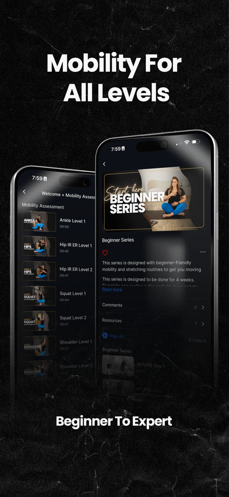 Mobility MVMNT - Mobility MVMNT app screens displaying mobility assessment levels and a beginner stretching series for athletes.