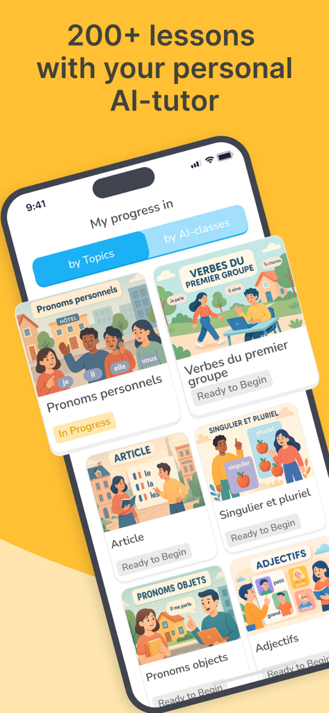 AI French Minute - AI French Minute app interface showing multiple French language lessons and grammar topics with colorful illustrations