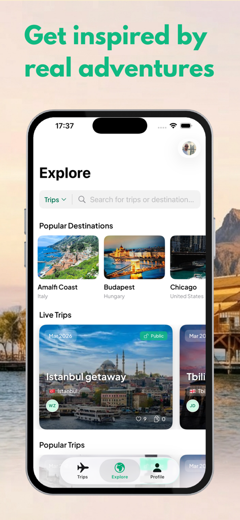 Vaga Travel app explore screen displaying popular destinations and live trip itineraries