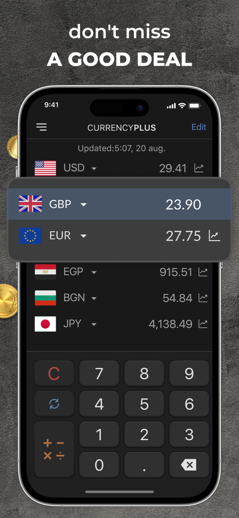 Currency Converter Plus Live - Currency Converter Plus app showing exchange rates for multiple global currencies and a numeric calculator