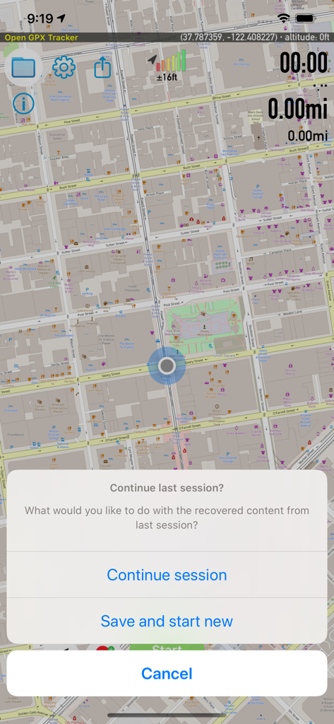 Indicador de recuperación de sesión de Open GPX Tracker en una interfaz de mapa de ciudad