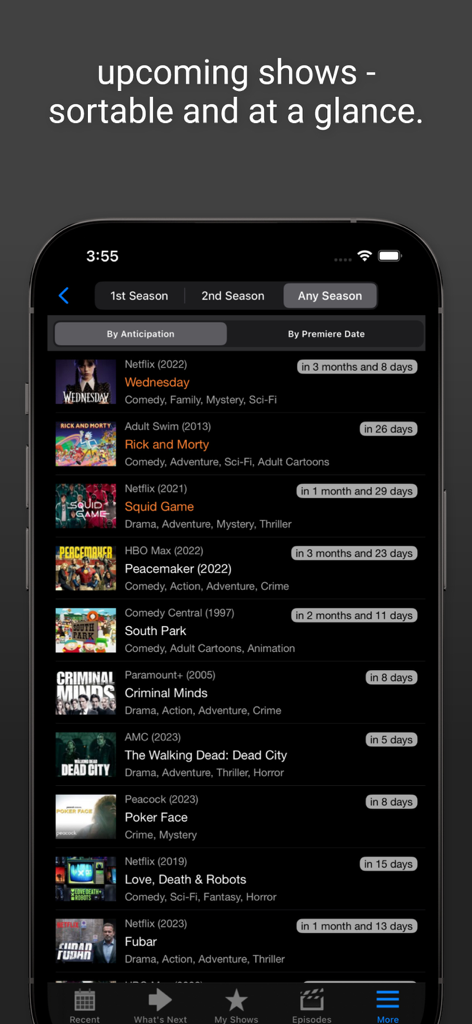 Next Episode - Track TV Shows - List of upcoming TV shows with countdown timers and sorting options in the Next Episode app