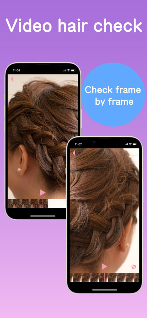 Screenshot der Mirror App, der die Video-Haarprüfungsfunktion zur frame-by-frame Inspektion von Frisuren auf einem iPhone zeigt.