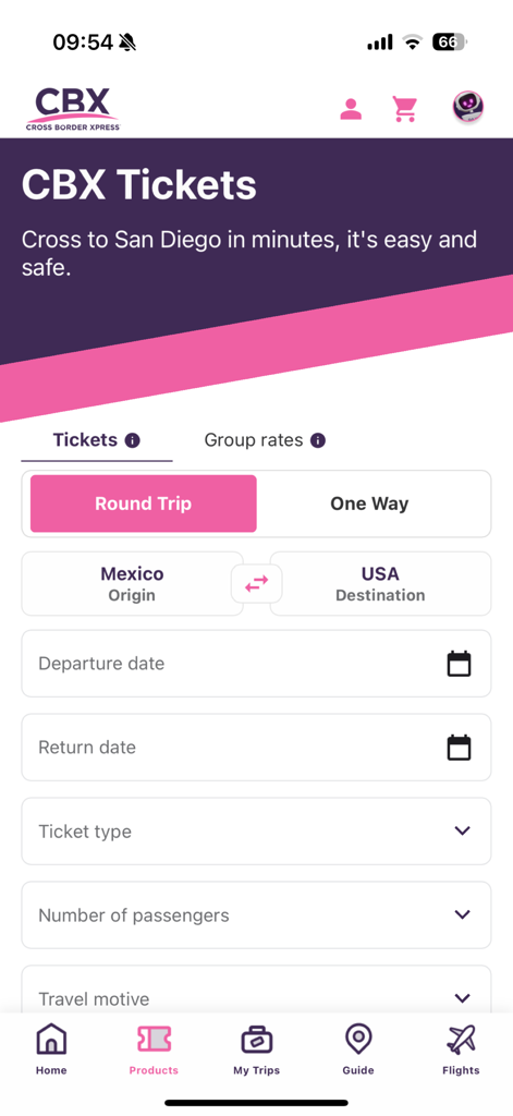 Cross Border Xpress - Interfaz de la aplicación Cross Border Xpress para reservar boletos de puente entre México y EE. UU.