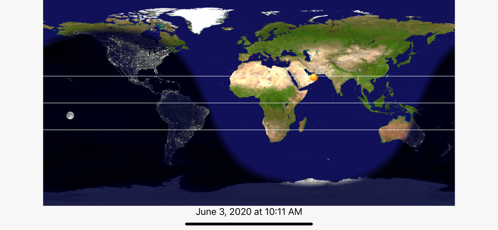 A digital world map displaying day and night regions with city lights and sun and moon icons.