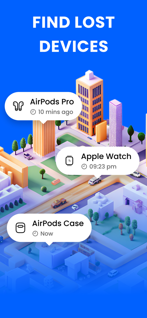 Bluetooth - BLE Device finder - Isometric city illustration showing markers for lost Bluetooth devices like AirPods and Apple Watch.