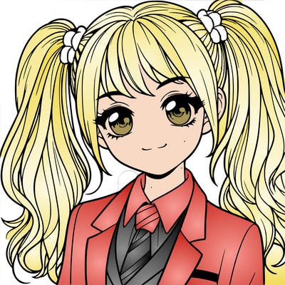 realistic girl with two ponytails and a suit on