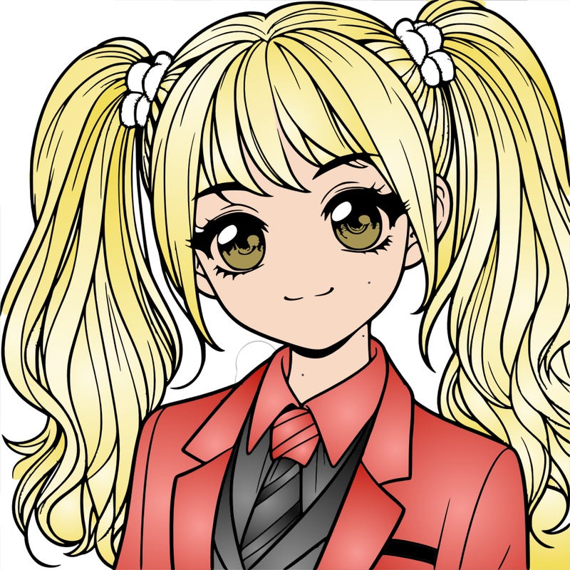 realistic girl with two ponytails and a suit on