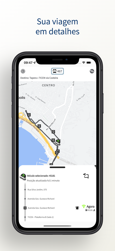 Tela de smartphone exibindo um mapa de rota de ônibus e rastreamento de veículo em tempo real no aplicativo Floripa no Ponto 2.0