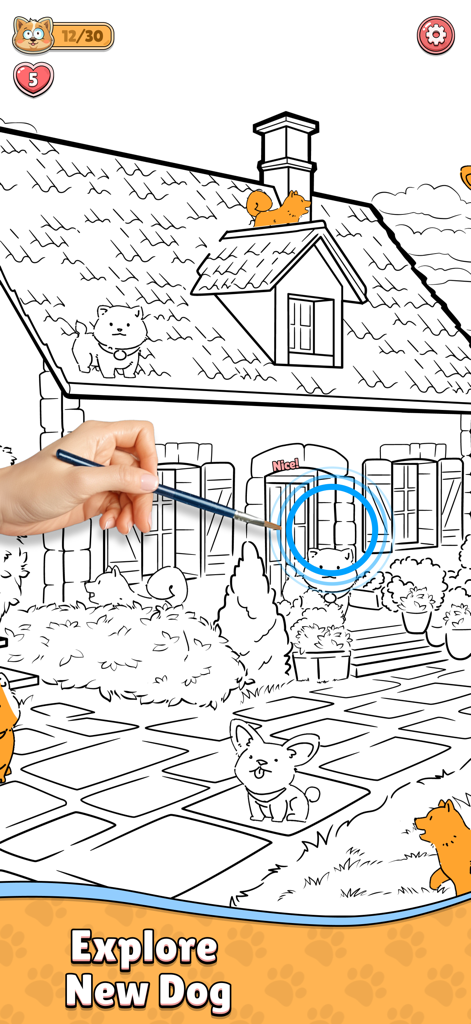 Find the Dog: Hidden Objects! - A hand-drawn coloring book style hidden object scene from the Find the Dog game showing a hand using a stylus to find a dog near a house.