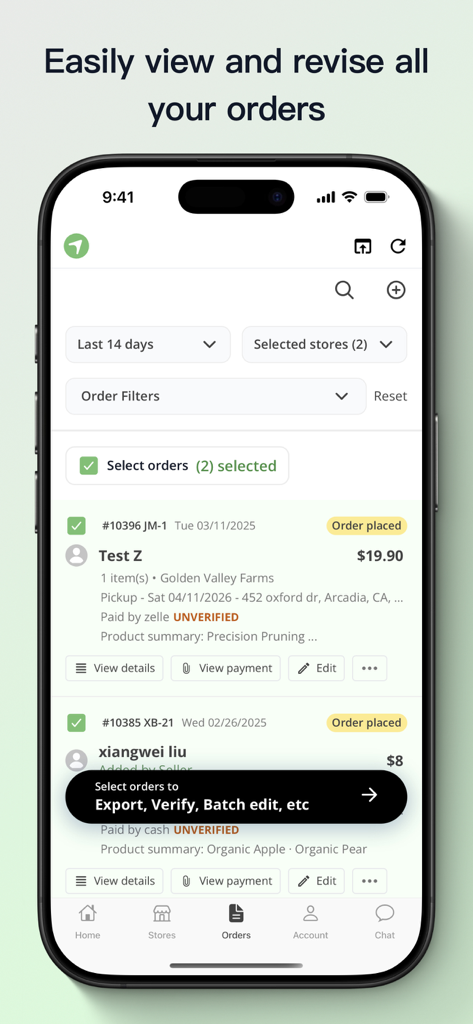 Airmart Seller - Order management screen in the Airmart Seller app displaying customer orders, payment status, and filtering options.