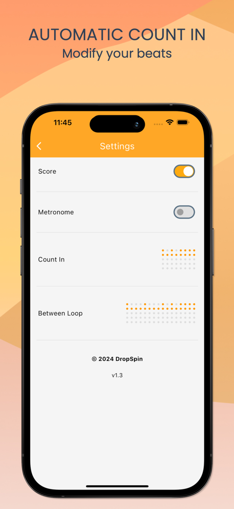 DropSpin Metronome - Settings screen of DropSpin Metronome app showing automatic count in and loop options