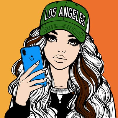realistic beautiful girl wearing los ángeles cap holding an iphone