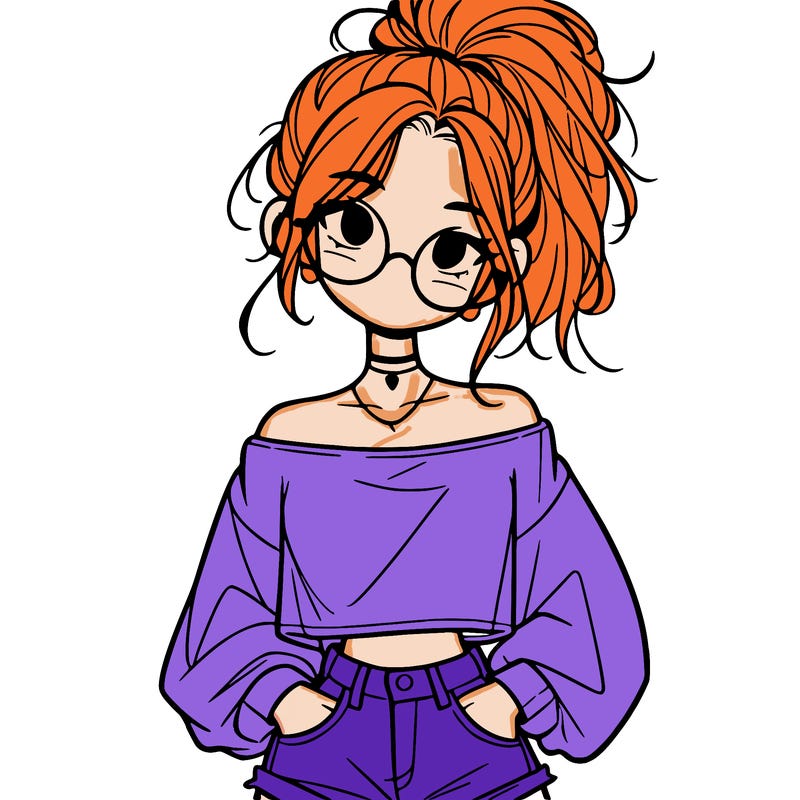 girl with a messy ponytail glasses a baggy crop top and jean shorts