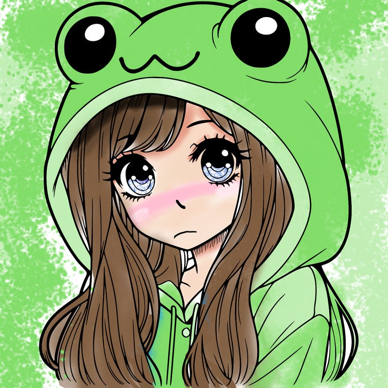 a pretty girl wearing a frog hoodie portrait with long hair