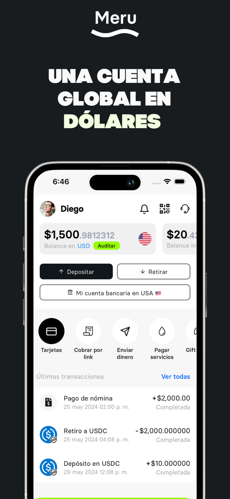Meru | Cuenta en dólares - Mobile dashboard of the Meru app showing a global dollar account balance and recent transactions