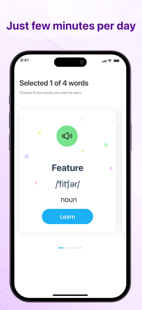 Learn English - 8 words a day - English learning app interface showing a vocabulary flashcard for the word Feature with phonetic spelling and pronunciation icon