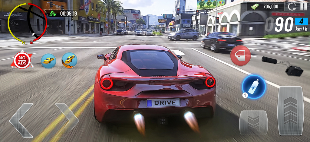 City Driving and Drifting Star - Un coche deportivo rojo conduciendo por una calle de la ciudad en un juego simulador de mundo abierto con llamas saliendo del escape