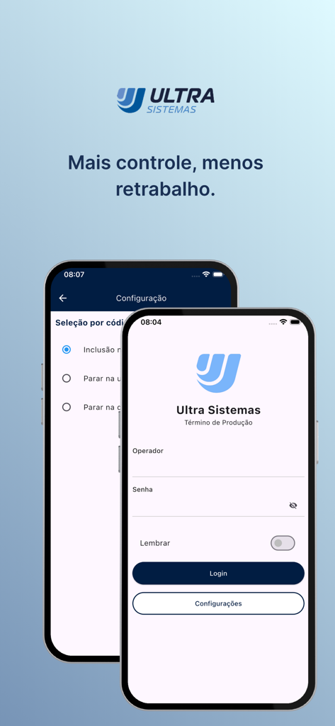 Anmeldebildschirm der Ultra Prod App mit Feldern für Bediener und Passwort zur Produktionsverfolgung