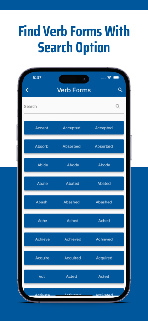 Tela do celular mostrando a interface de pesquisa de conjugações de verbos em inglês nas formas V1 V2 e V3