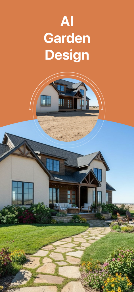 AI Exterior Home Design - Before and after comparison of a home garden landscape created with AI