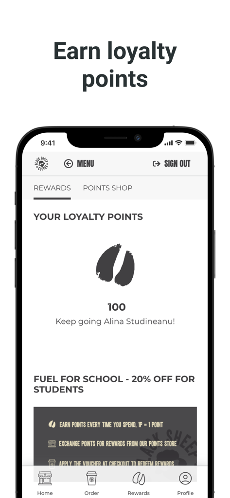 Black Sheep Coffee US - Black Sheep Coffee mobile app rewards screen displaying user loyalty points and a student discount offer