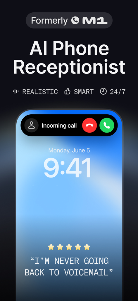 Beside (M1): AI Receptionist - Capture d'écran de l'application Beside AI Receptionist montrant une interface d'appel entrant avec le titre AI Phone Receptionist et un avis utilisateur.