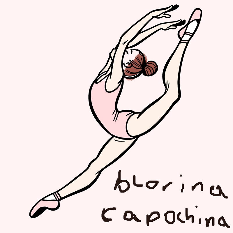 gymnast doing a leap in a leotard with a bent back leg
