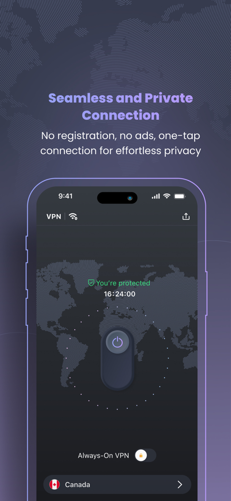 Interface de l'application Owl VPN sur iPhone montrant un statut de connexion sécurisée avec un arrière-plan de carte du monde et un bouton de connexion en un clic.