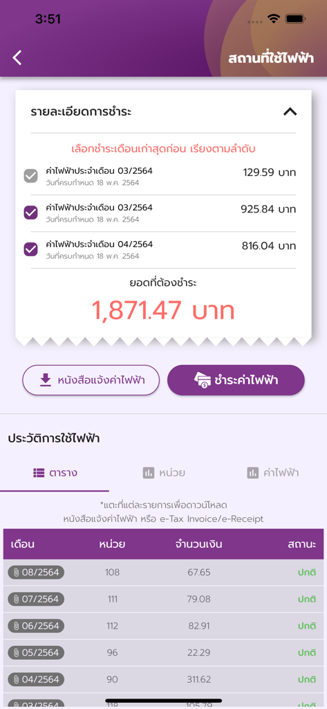 Electricity billing details and usage history on the PEA Smart Plus mobile app interface