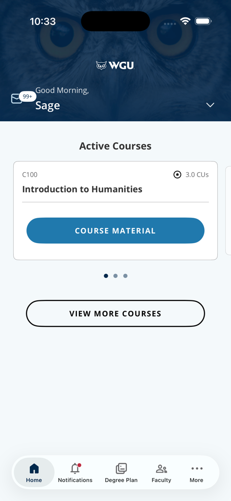 Home screen of the myWGU Mobile app displaying active courses and a student dashboard