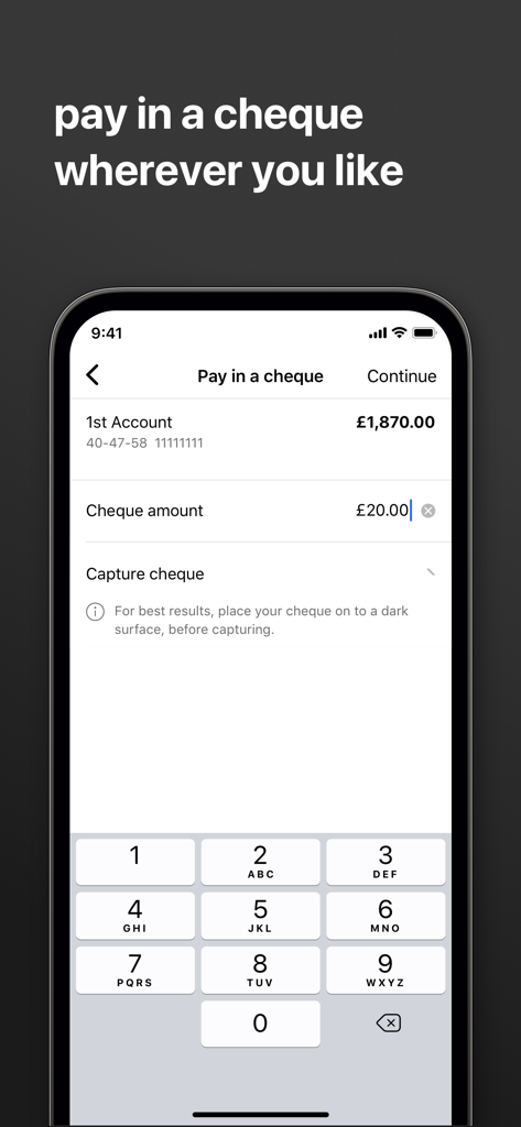 first direct - Función de depósito de cheques móvil en la app de banca First Direct.