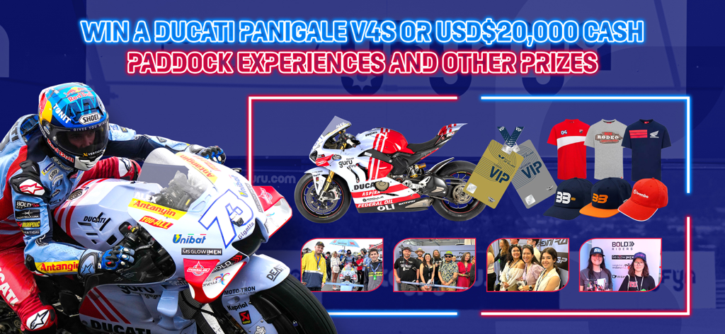 MotoGP Racing '23 - Banner promocional do MotoGP Racing 23 mostrando uma motocicleta Ducati Panigale V4S, prêmios em dinheiro, passes VIP e mercadorias para fãs.