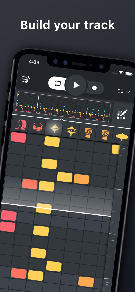 Mobile step sequencer grid for building music tracks in Beat Snap 2