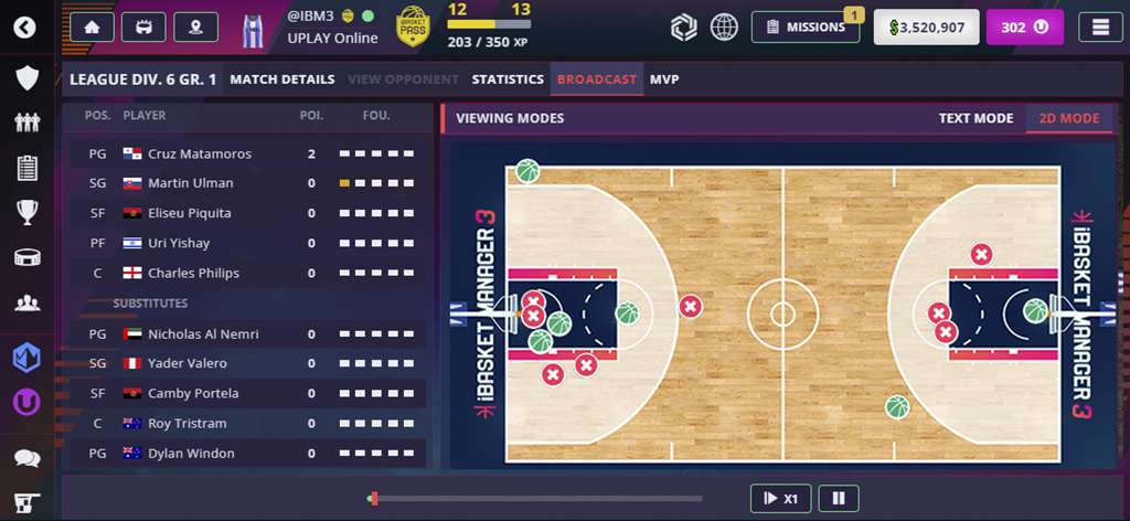 iBasket Manager 3 - iBasket Manager 3의 2D 실시간 경기 엔진으로 농구 코트 전술과 선수 통계를 보여줍니다