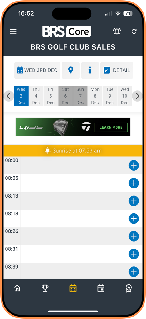 Tee time booking interface on the BRS Golf app showing available morning slots and date selection